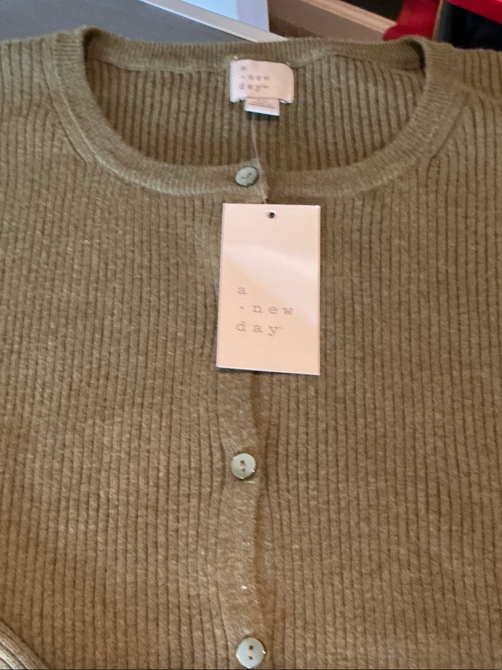 Olive Green Ribbed Button-Front Cardigan - Picture 3 of 6